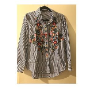 Striped Button Down top w/ Floral Detail Size LG